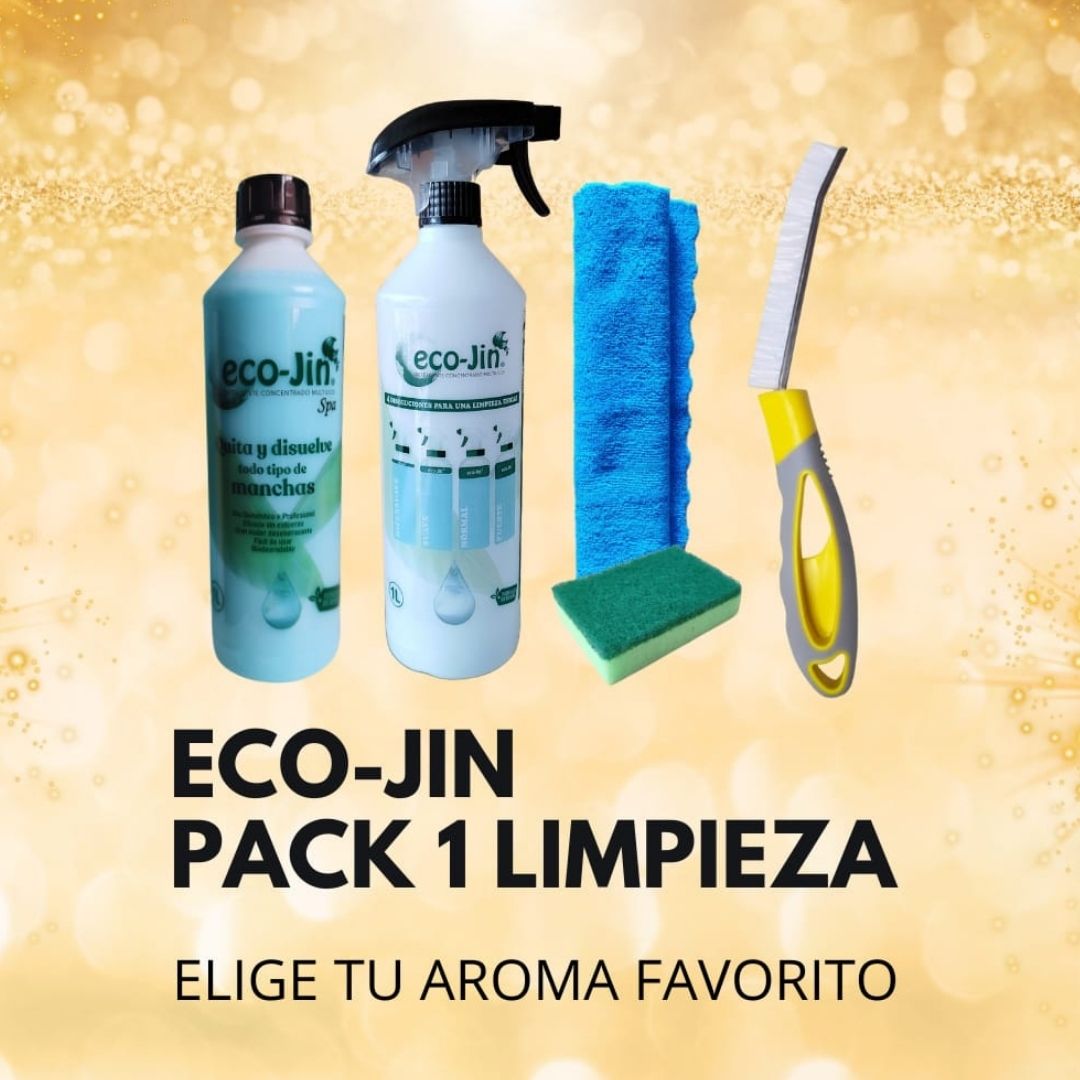 PACK 1 Limpieza ECOJIN+DIFUSOR+CEPILLO JUNTAS AMARILLO+BAYETA MICROFIBRA+ESTROPAJO CON ESPONJA