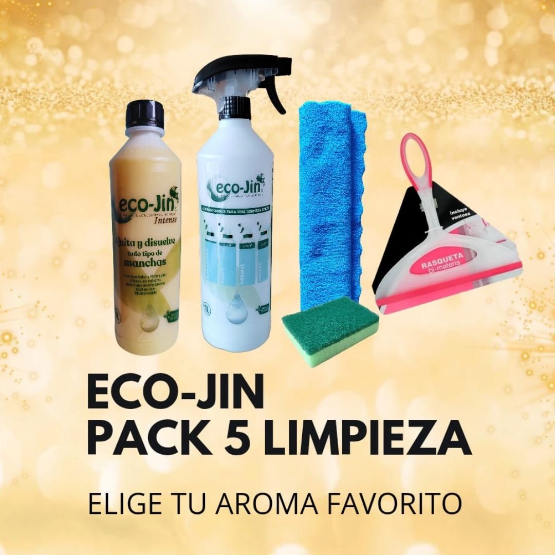 PACK 5 Limpieza ECOJIN+DIFUSOR+RASQUETA LIMPIA CRISTALES+BAYETA MICROFIBRA+ESTROPAJO CON ESPONJA