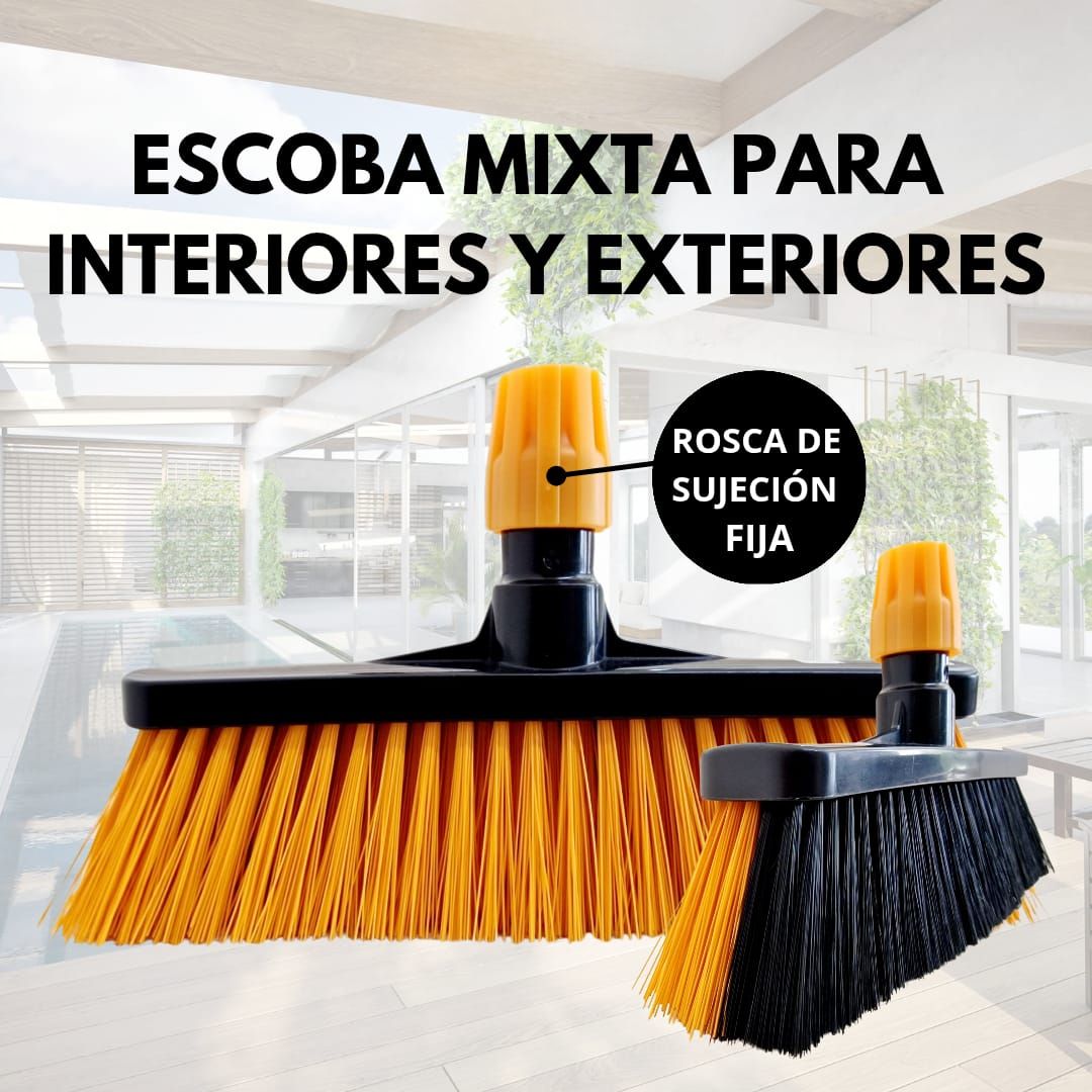 Escoba mixta LabOncler para interiores y exteriores con cerdas naranjas y negras y rosca de sujeción fija.