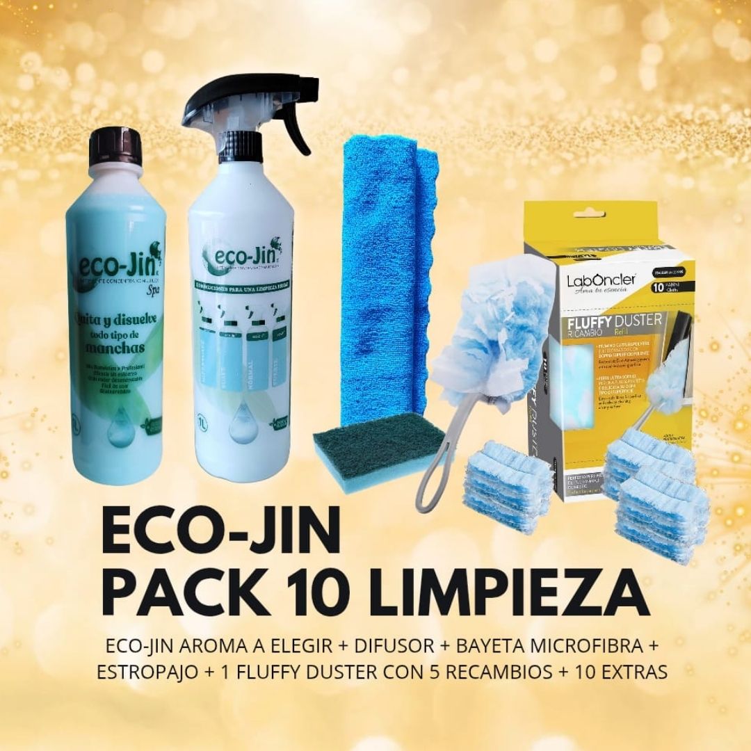 PACK 10 LIMPIEZA ECO-JIN A ELEGIR+DIFUSOR+ FUFFLY+10 RECAMBIOS EXTRAS FUFFLY+BAYETA MICROFIBRA+ESTROPAJO CON ESPONJA