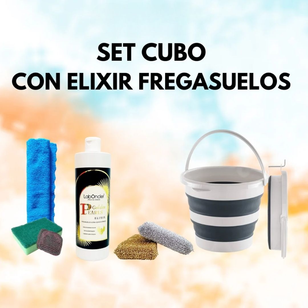 Set de cubo plegable con elixir fregasuelos LabOncler, bayetas, estropajos y accesorios de limpieza.