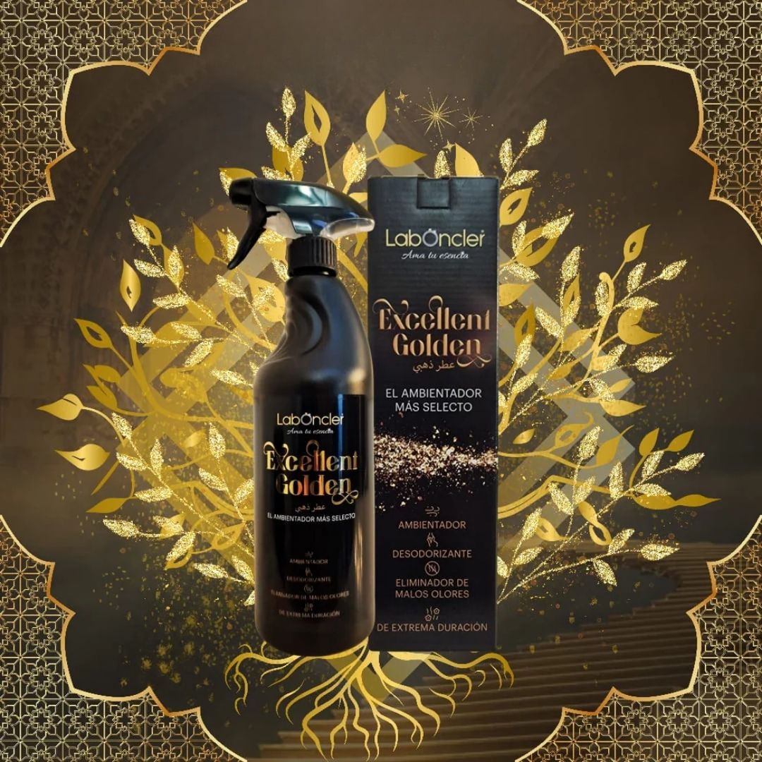 Ambientador desodorizante Excellent Golden de LabOncler en spray negro con su caja sobre fondo dorado decorativo.