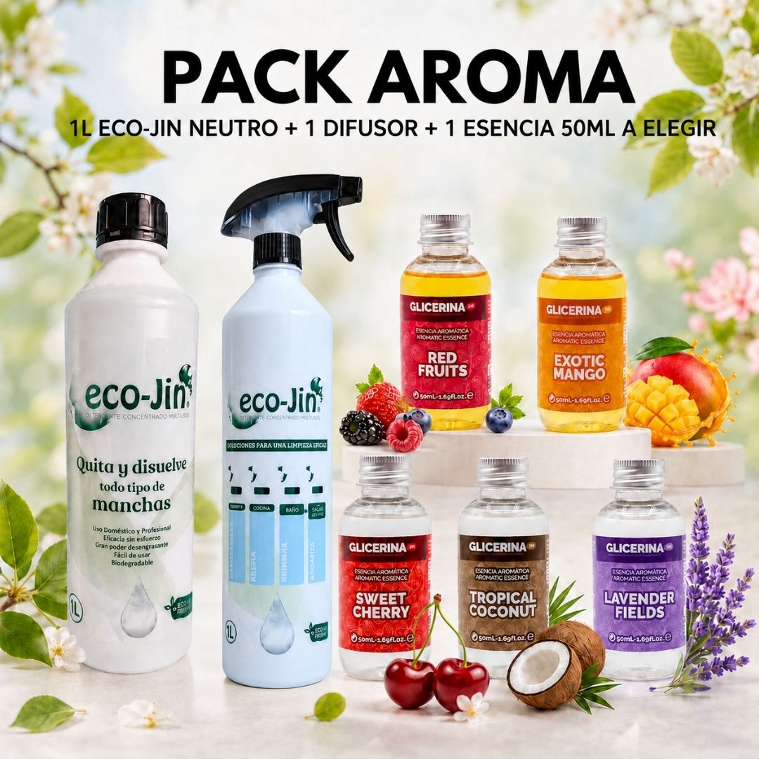 Pack Aroma Eco-Jin con limpiador neutro de 1 litro, difusor y cinco esencias aromáticas a elegir.