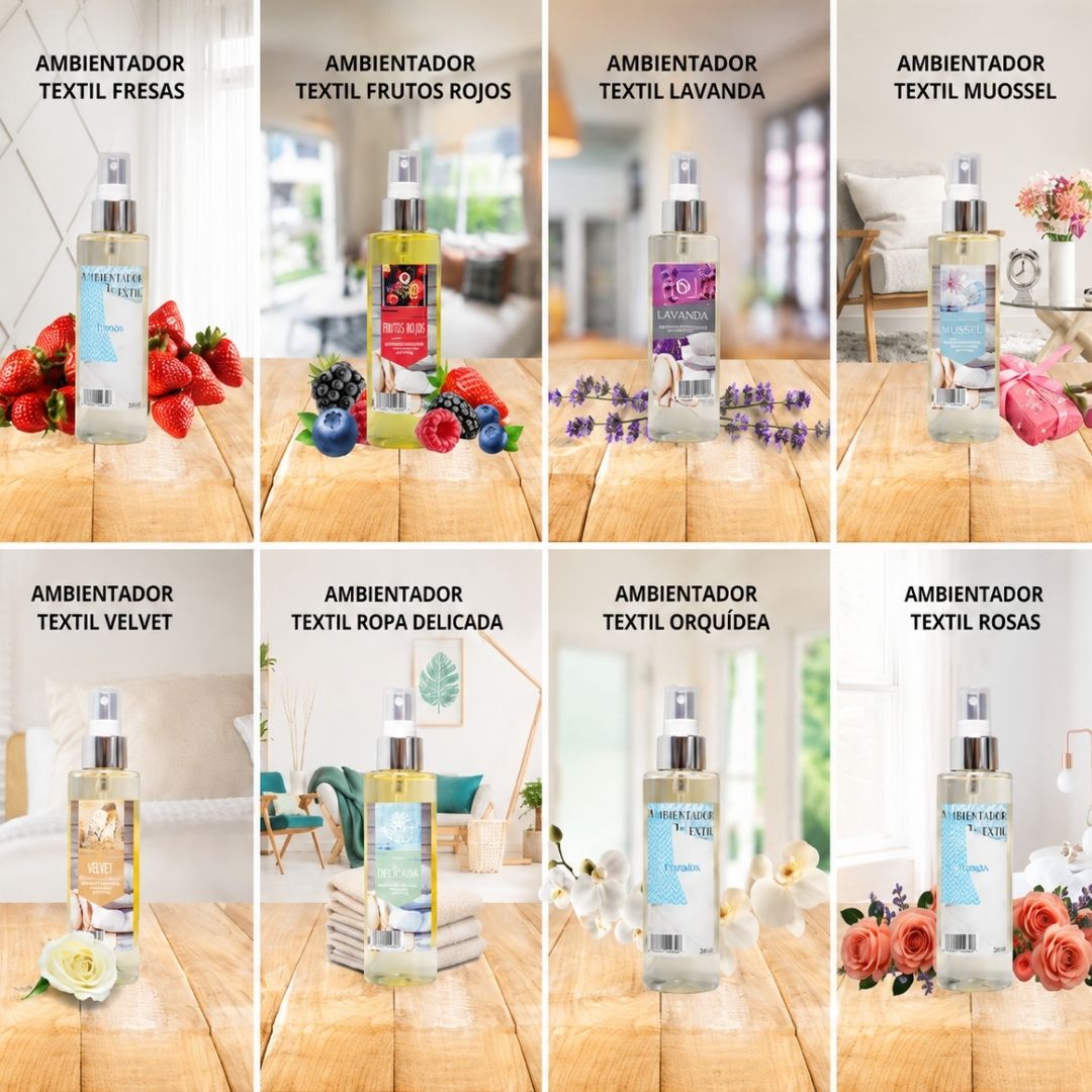 Ambientadores textiles en spray de fresas, frutos rojos, lavanda, muossel, velvet, ropa delicada, orquídea y rosas para perfumar tejidos y hogar.