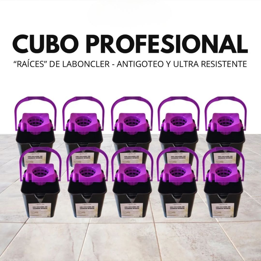 Pack de 10 cubos profesionales Raíces de LabOncler, antigoteo y ultrarresistentes, en negro y morado.