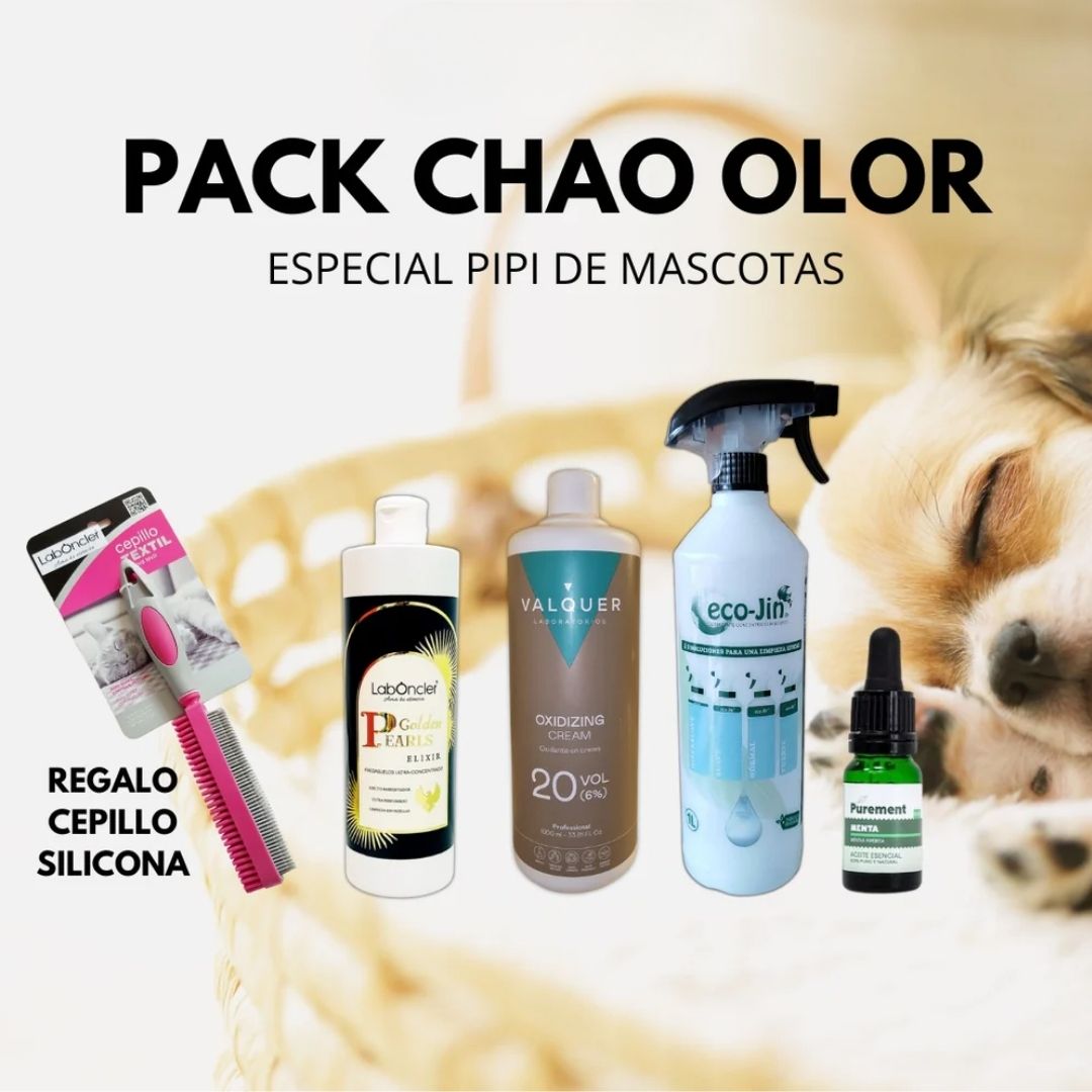 Pack Chao Olor LabOncler especial para eliminar el olor a pipí de mascotas con productos de limpieza y cepillo de silicona de regalo.