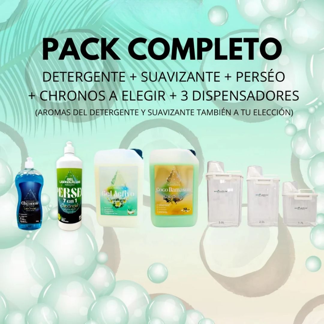 Pack completo LabOncler con detergente, suavizante, lavavajillas Perséo, Chronos a elegir y tres dispensadores.