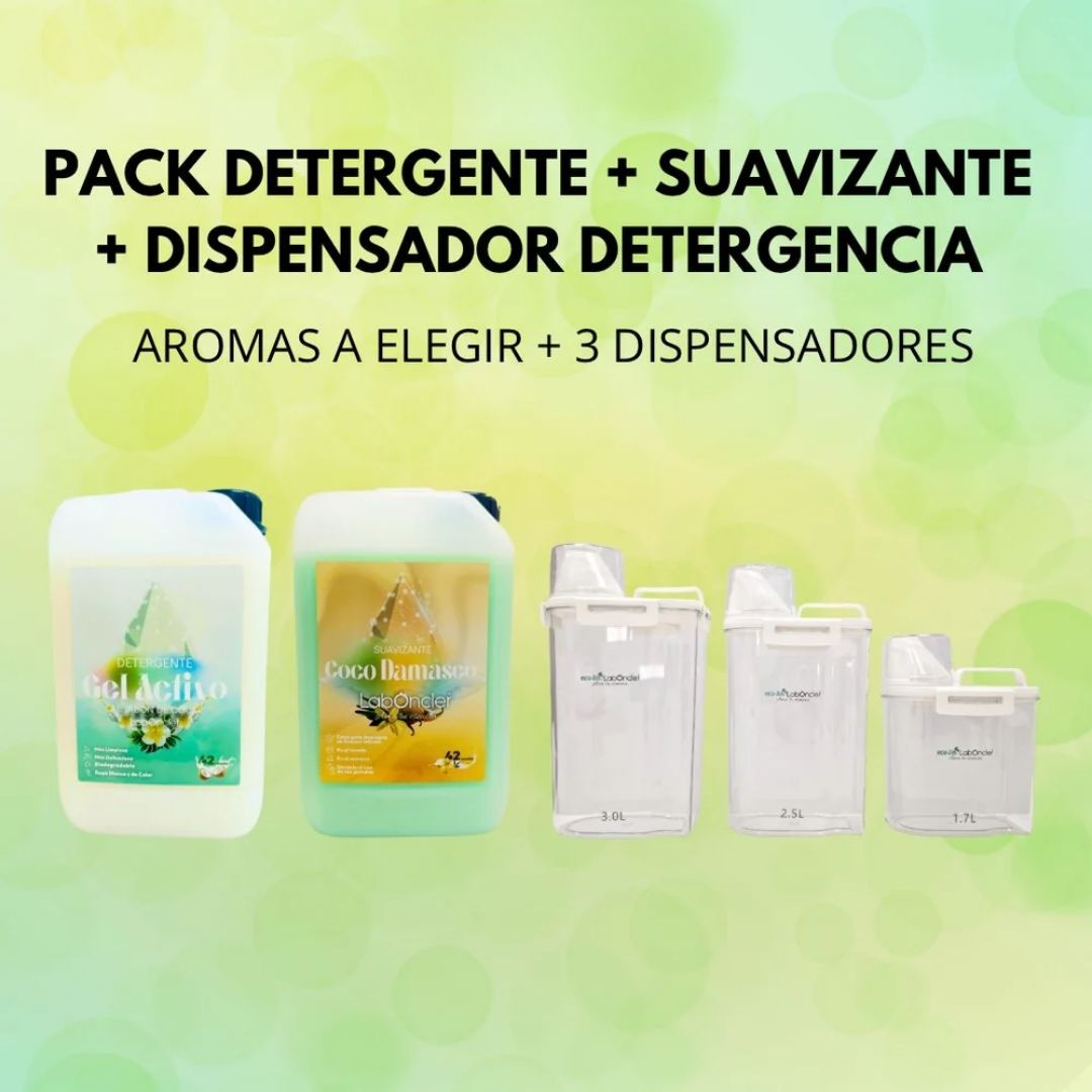 Pack de detergente y suavizante LabOnder con aromas a elegir y tres dispensadores de 3, 2,5 y 1,7 litros.