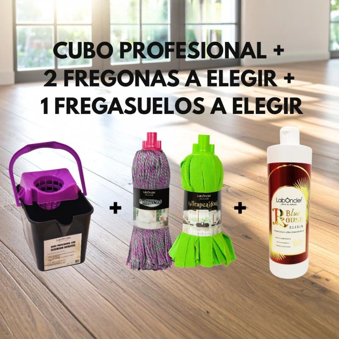 Pack LabÔncler con cubo profesional, dos fregonas a elegir y fregasuelos Blue Rouse Elixir