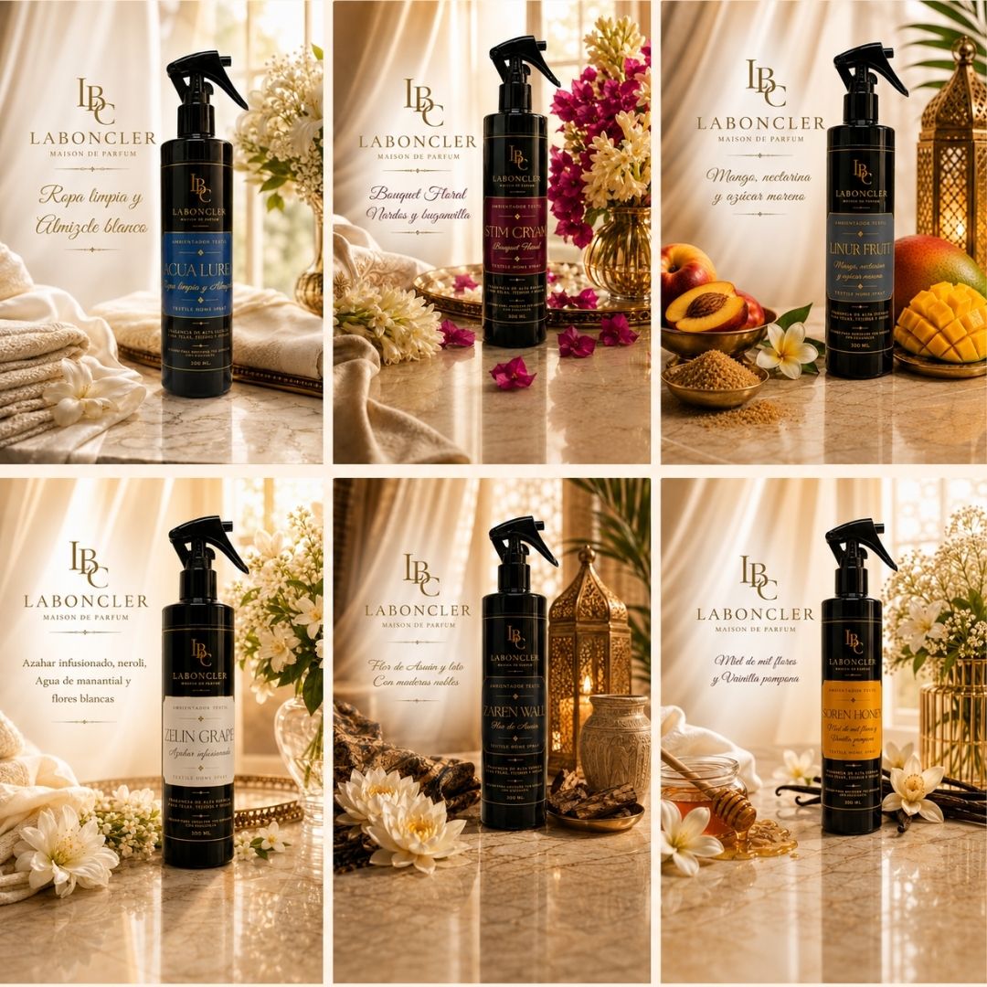 Colección de ambientadores textiles Laboncler con seis fragancias para telas y hogar, presentadas en elegantes composiciones florales y frutales.