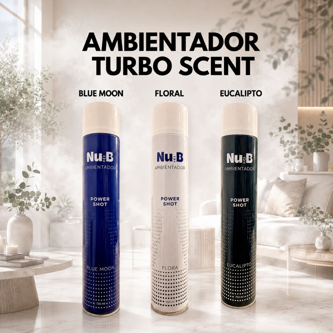 Ambientador Turbo Scent Nu-B en tres fragancias: Blue Moon, Floral y Eucalipto.