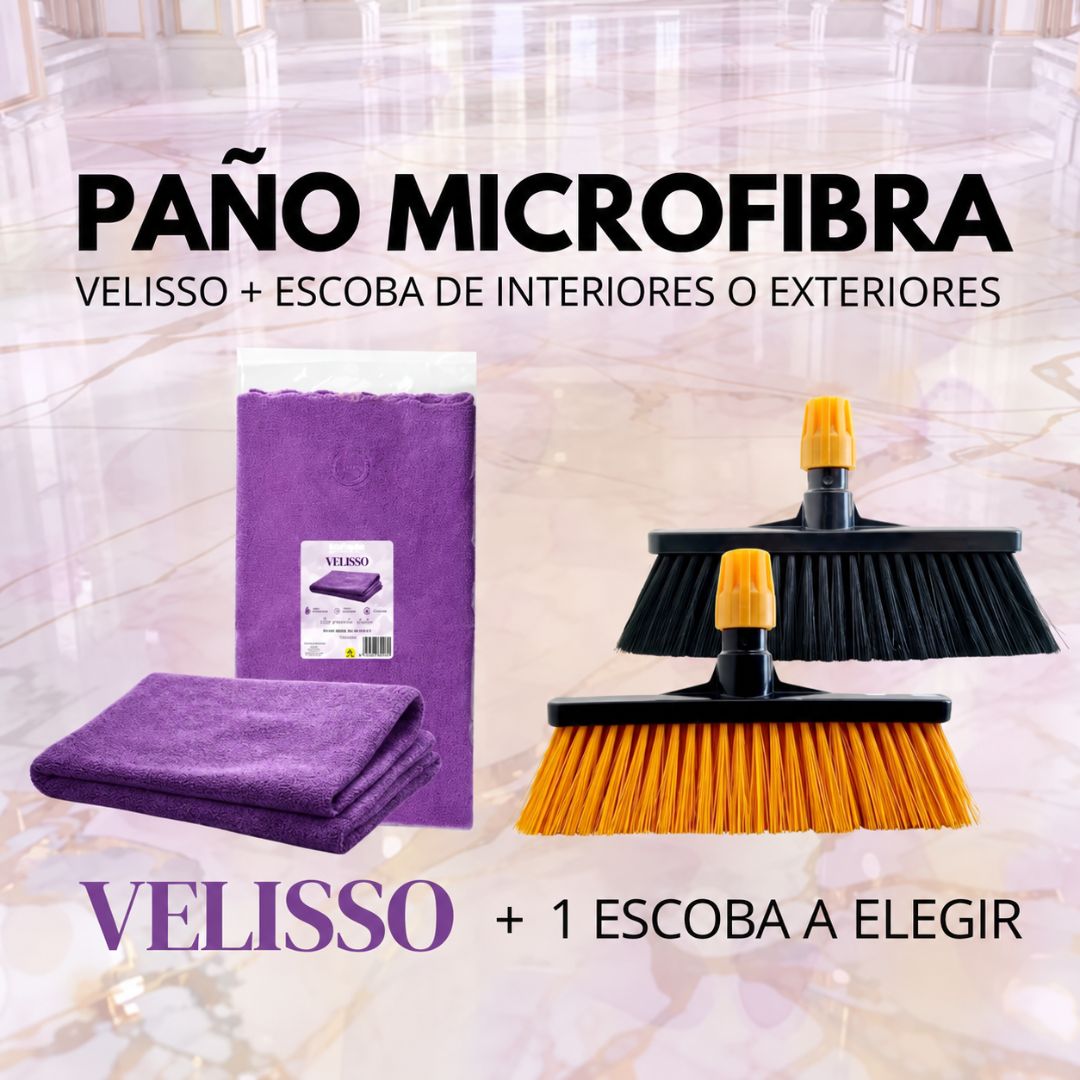 Paño de microfibra Velisso morado con escoba de interiores o exteriores a elegir.