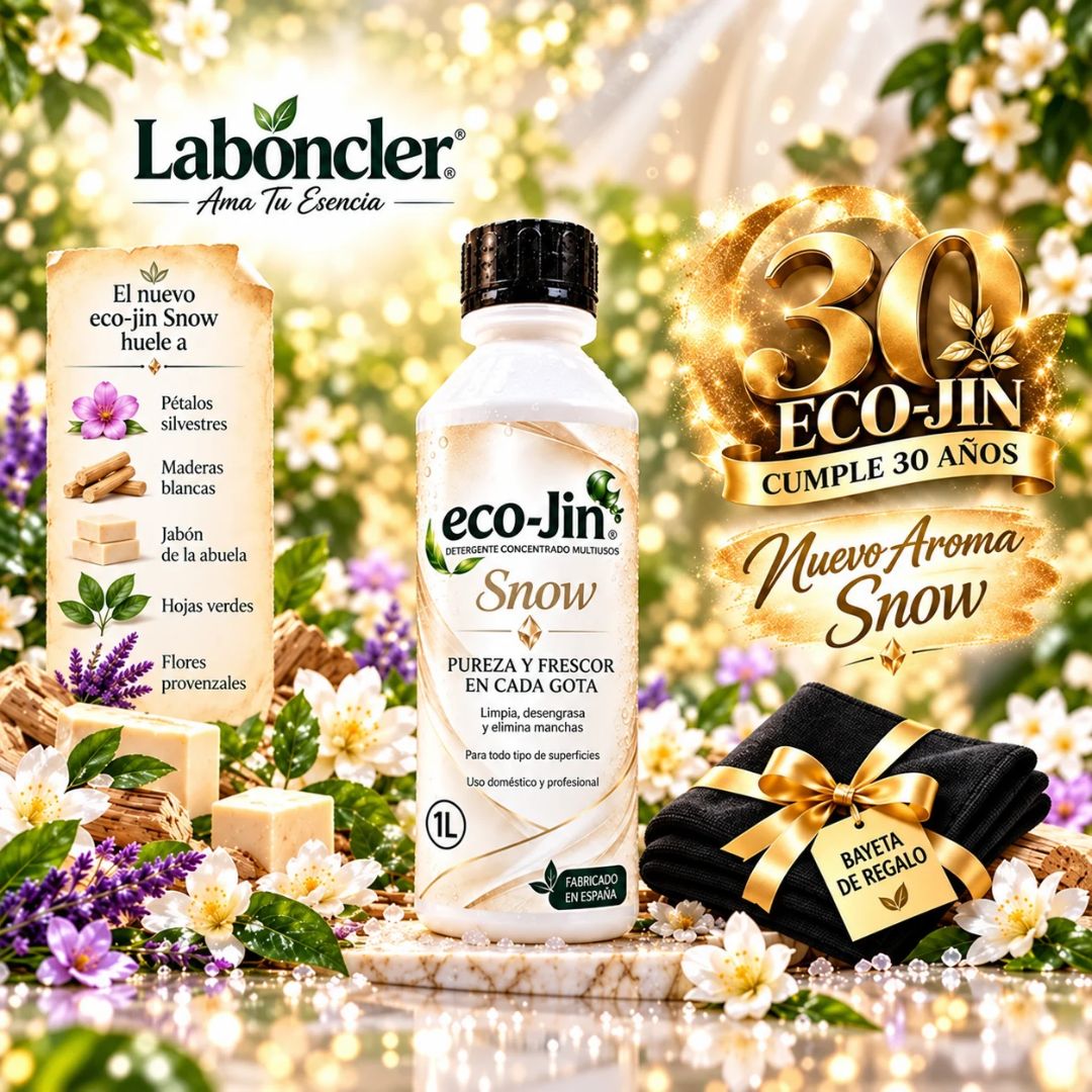 Eco-Jin Snow de Laboncler, detergente concentrado multiusos de 1 litro con nuevo aroma Snow y bayeta de regalo