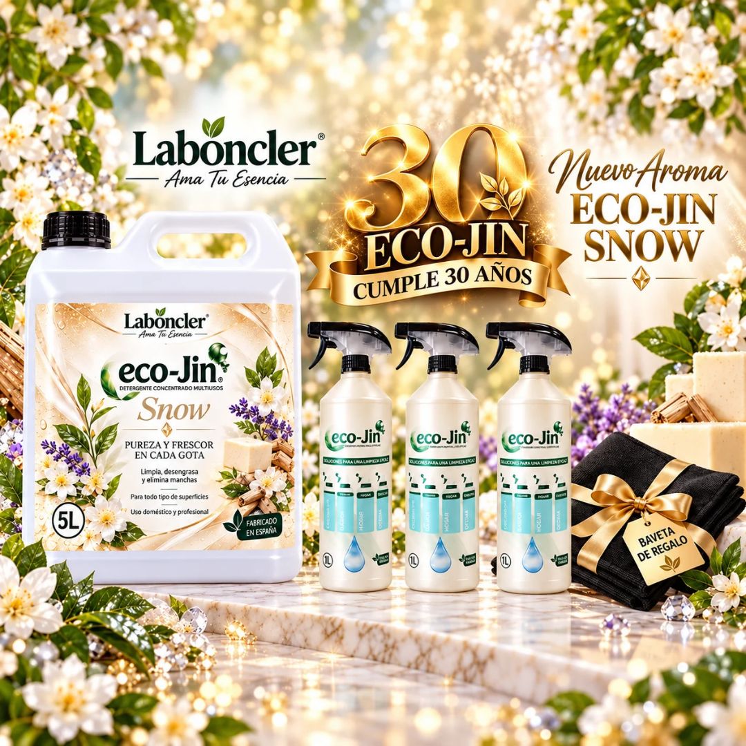 Pack Eco-Jin Snow de Laboncler con detergente concentrado multiusos de 5 litros, tres pulverizadores de 1 litro y bayeta de regalo