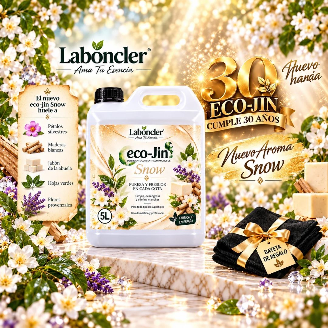 Eco-Jin Snow de Laboncler, detergente concentrado multiusos en garrafa de 5 litros con bayeta de regalo