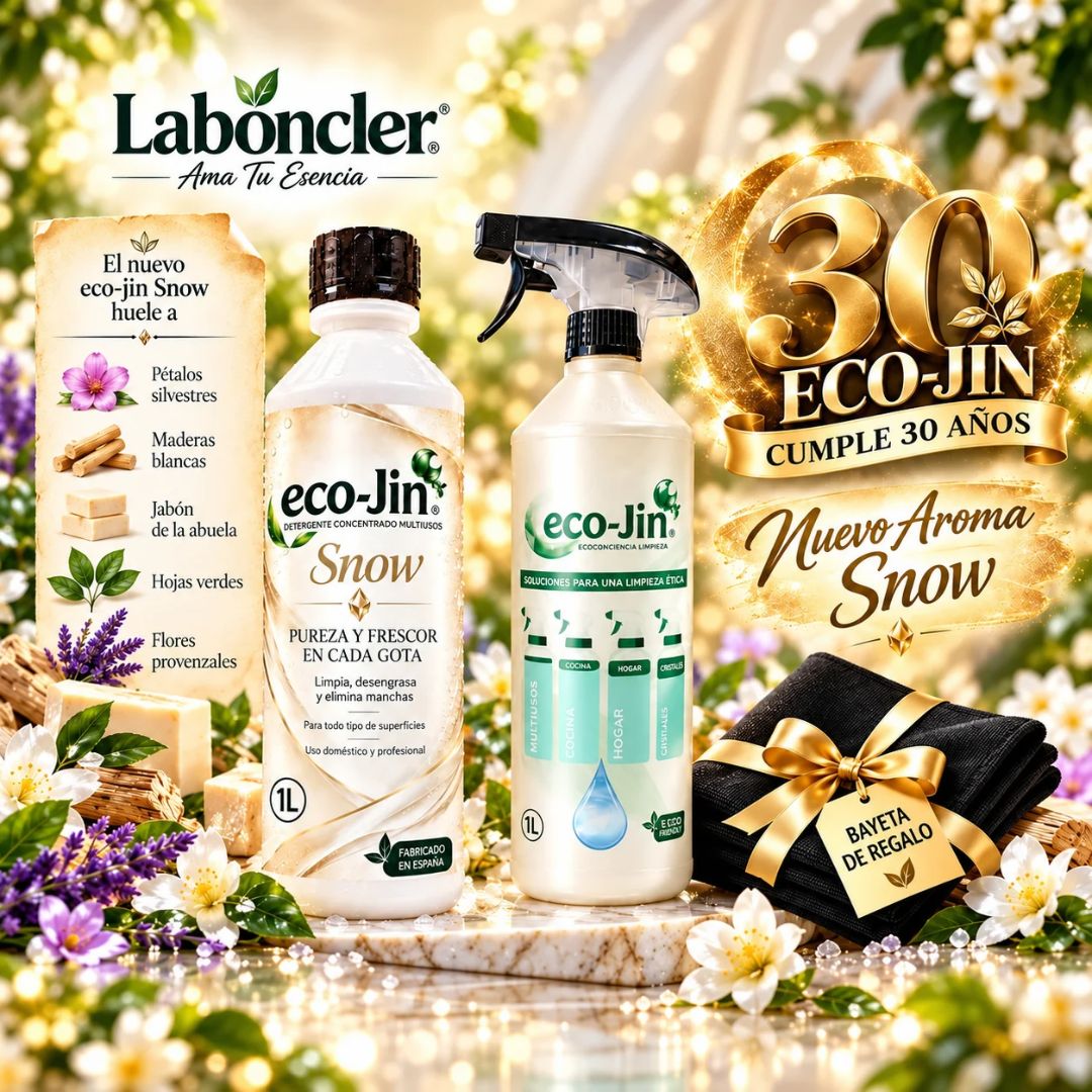 Eco-Jin Snow de Laboncler: detergente concentrado multiusos de 1 litro, pulverizador de 1 litro y bayeta de regalo